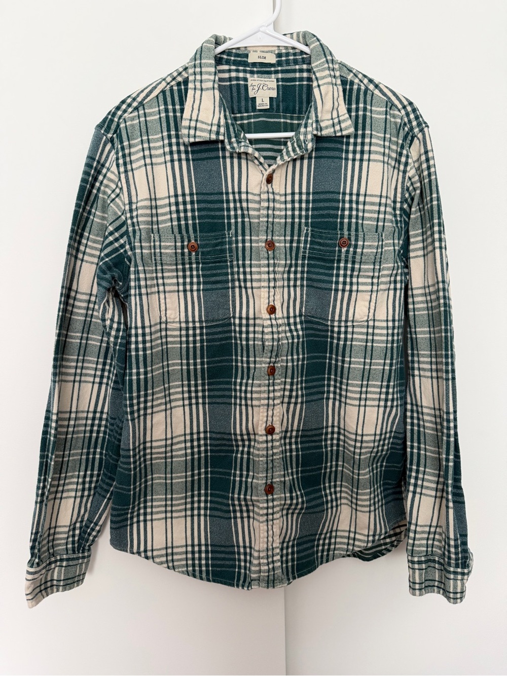 J. Crew Men's Flannel Button Down Shirt Green Cream Long Sleeve Pockets Large
